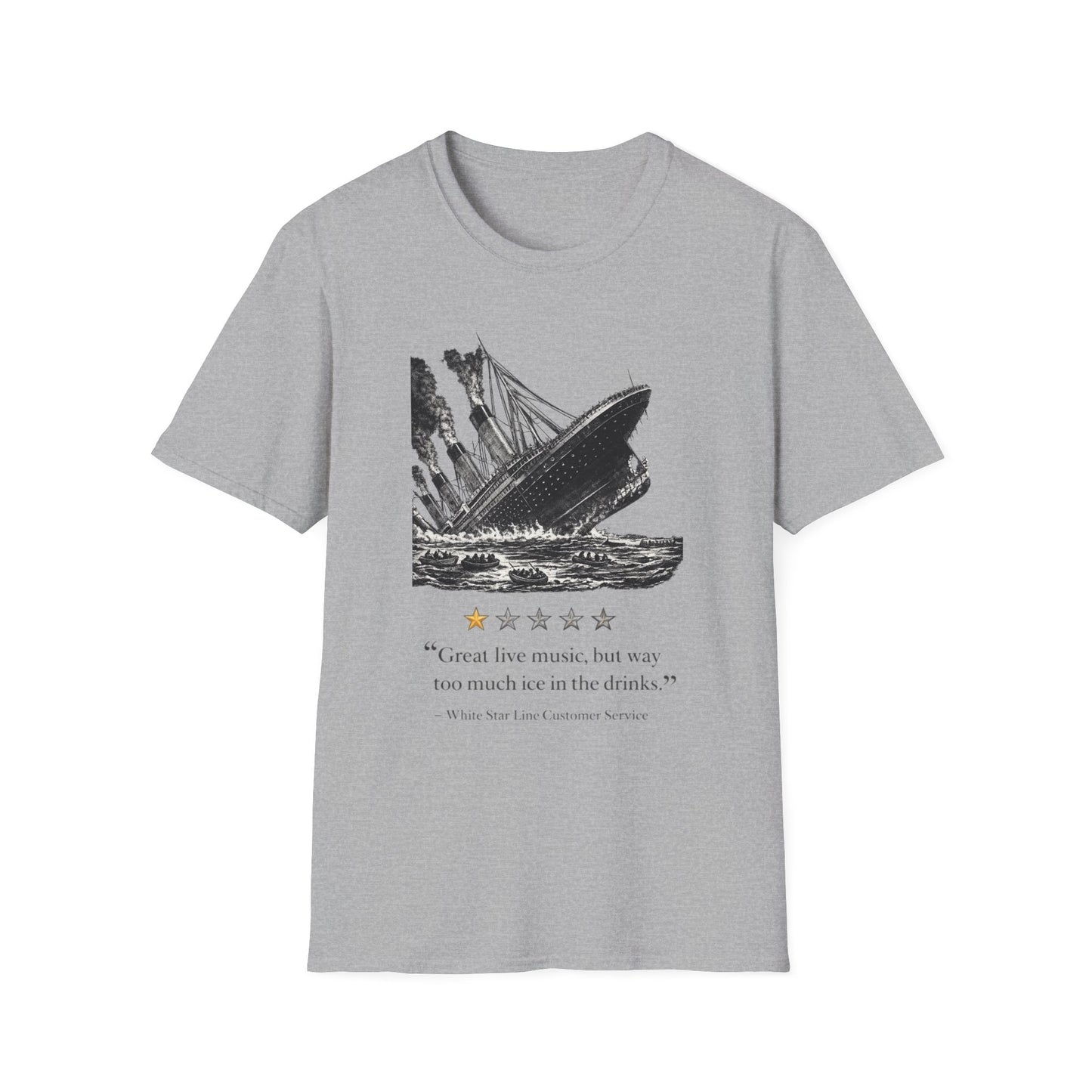 T-Shirt — Vintage Sinking Ship Graphic with 1-Star Review Quote